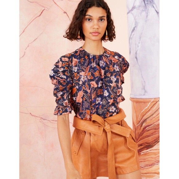 Ulla Johnson Blouse Joni Size 6 Blouse Top Abstract Floral Cotton Puff Sleeve - Picture 10 of 14